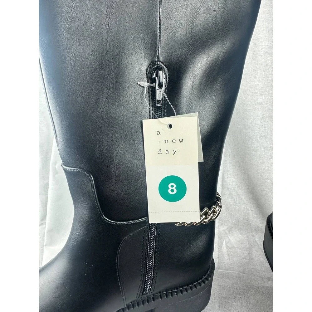 A New Day Women Black Knee High Boots Silver Chain‎ Detail Size 8 NWT